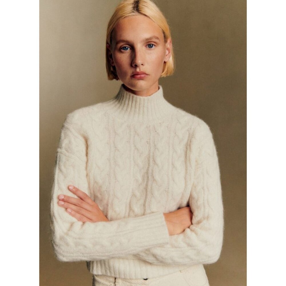 EUC Sezane Hugo Alpaca Blend Mock Neck Cable Knit Sweater Ecru XXS